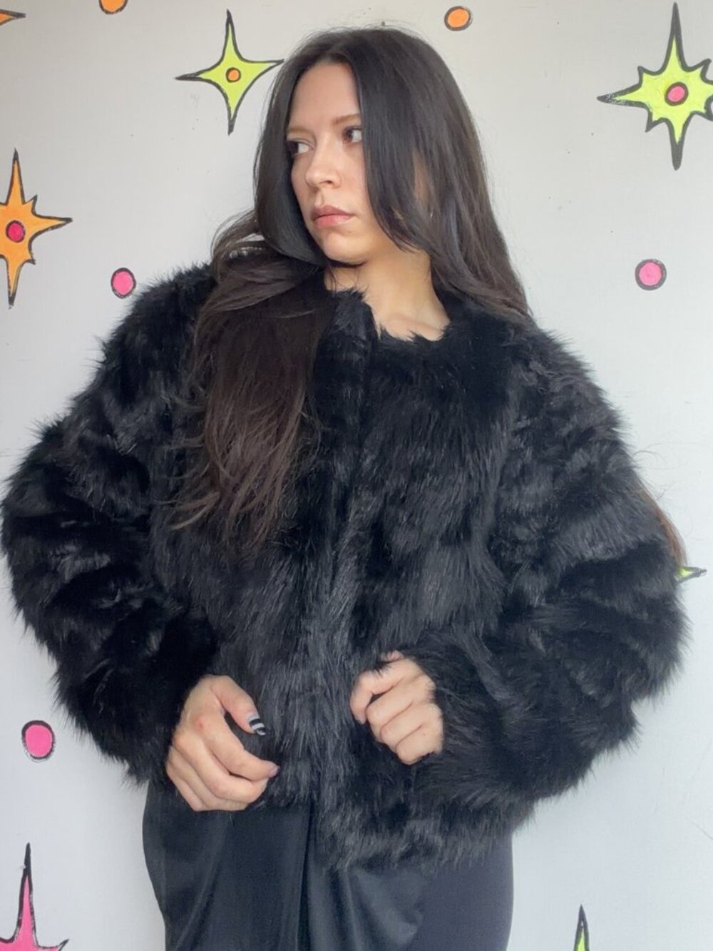 Vintage~ Black Vegan Fur Coat~Goth Hollywood Glam Dramatic Jacket -  Size L